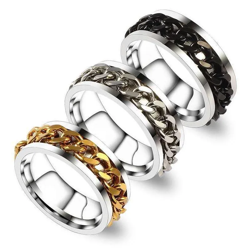 Band Rings vintage Cadeia de aço inoxidável girando anel de inquietação anti ansiedade personalizada para homens homens Trendy Jewelry Gift preto sliv dhhui