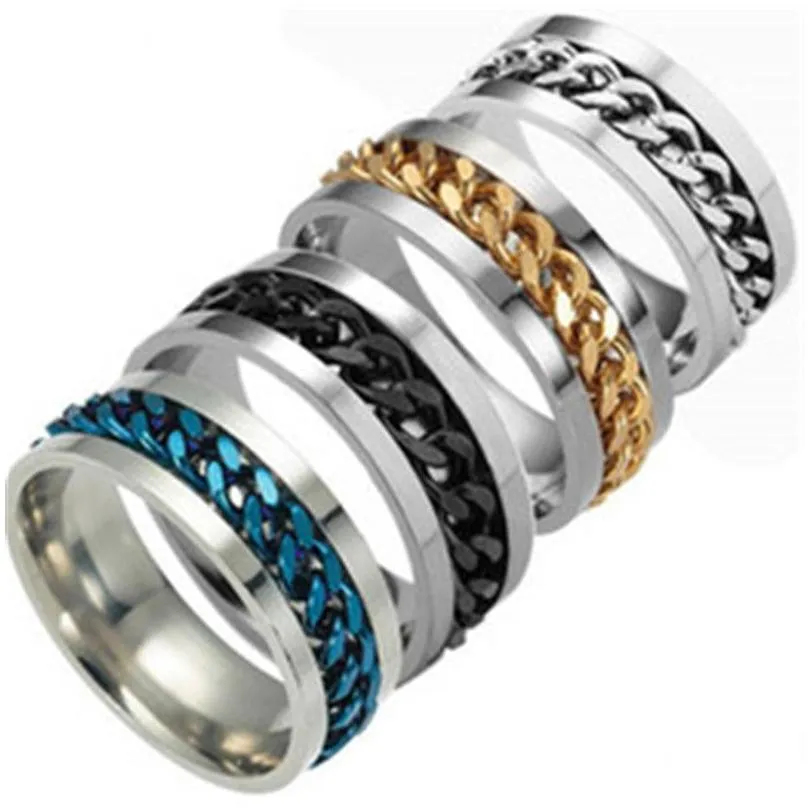 Полосовые кольца 8 мм украшения из нержавеющей стали Спиновое вращение цепное кольцо смягчить давление золото мужские модные хип -хоп доставка DH0Zy