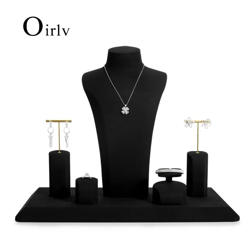 Scatole Oirlv Set di vetrine per gioielli in microfibra nera Puntelli con espositore per gioielli in metallo per collane, orecchini, braccialetti, anelli