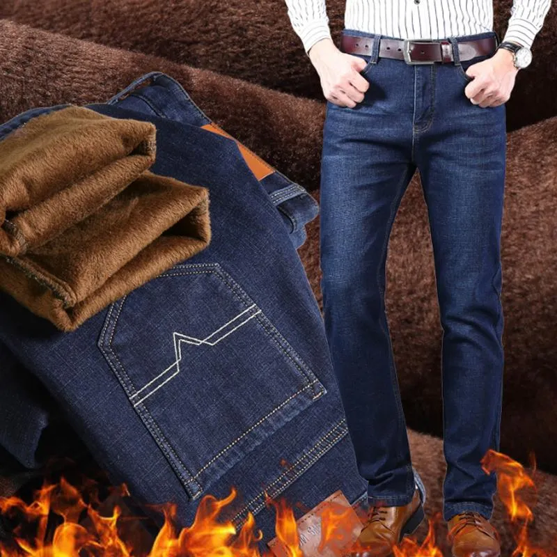 Männer Jeans 2023 Winter Fleece Dicke Warme Marke Stretch Klassische Tasche Jugend Fitted Slim Gerade Denim