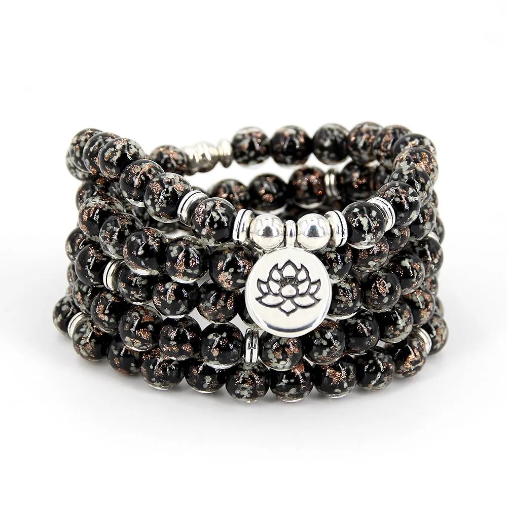 Braccialetto Nuovo braccialetto femminile perline luminose di cristallo nero 108 valigia mala yoga gioielli fiore di loto dropshipping