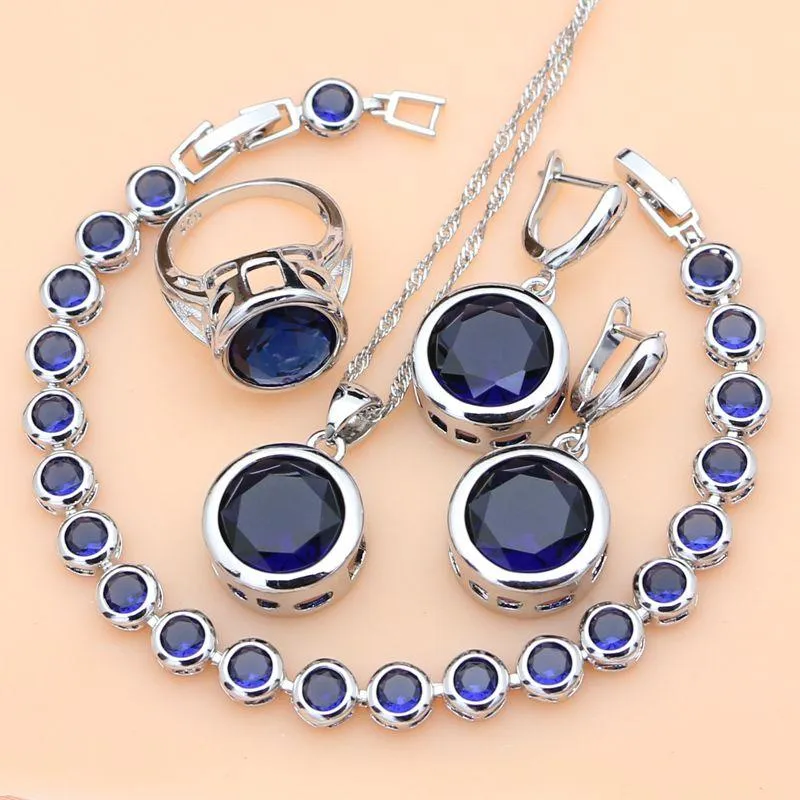 Bracciale Orecchini Collana Set Sposa Set di gioielli in argento 925 di lusso Zaffiro blu per le donne Pietre cadenti Orecchini Anelli Bracciale Collana Set Dropshipping