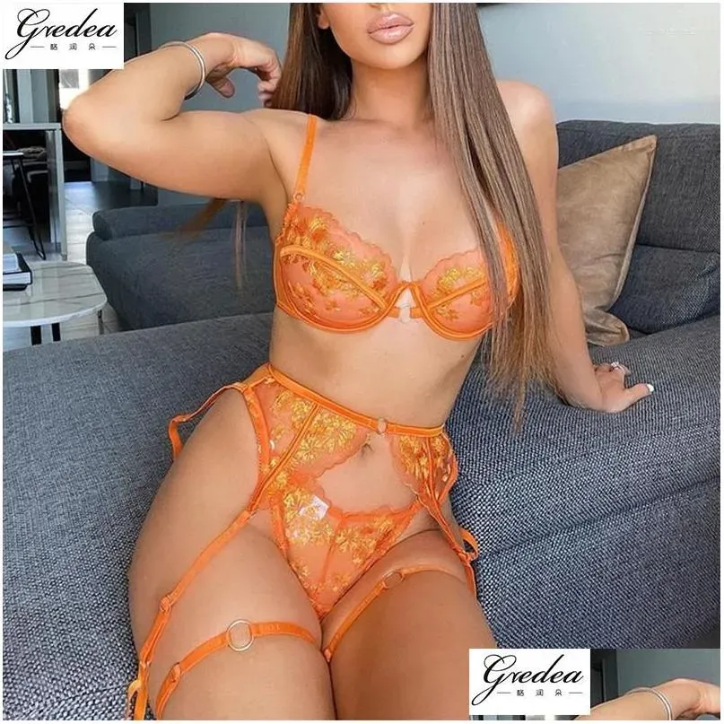 Bras Sets Gredea Womens Bra Set Thin Lace Embroidery Seethrough Sexy Lingerie Orange Temptation Erotic Underwear Garter Leg Loop Dro Ot6Ki