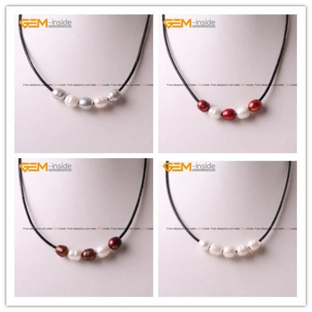 Black Rope Necklace With 5 Pcs 9-10mm Pearl Adjust...
