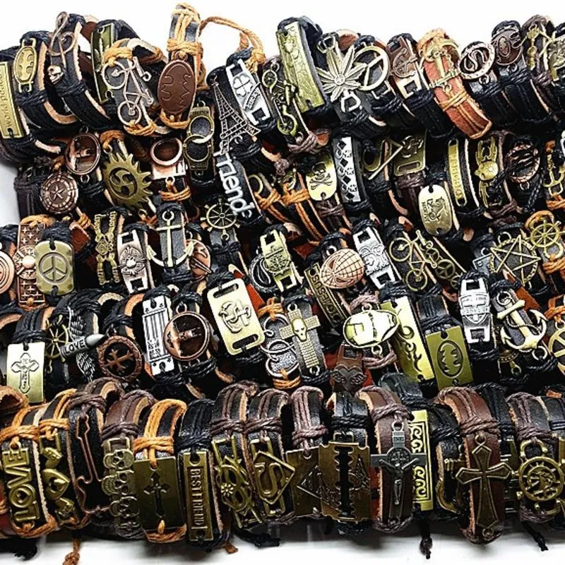 Bracelets MIXMAX 100 pièces bracelet en cuir hommes véritable vintage punk rock rétro bracelet pour femmes couple pulsera hombre gros lots en vrac