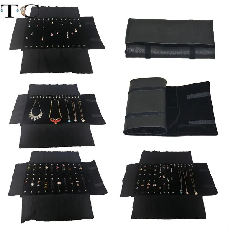 Boxes Jewelry Storage Bag Necklace Roll Organizer Bag Ring Earring Velvet Carrying Black Leather Display Holder Jewelry Packaging