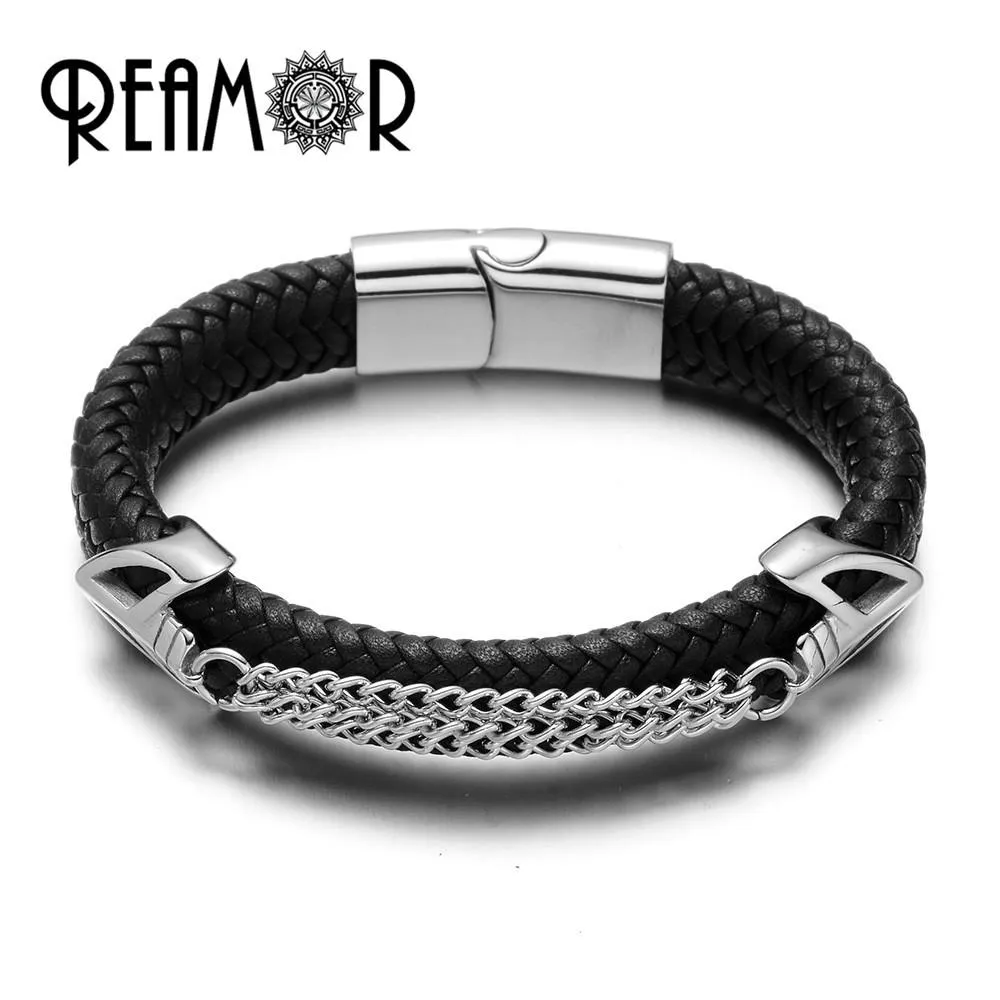 Bracciale REAMOR in acciaio inossidabile 316L a doppio collegamento Maschera Charms Braccialetti a polsino Braccialetti 12mm Braccialetti da uomo in pelle intrecciata Gioielli di lusso