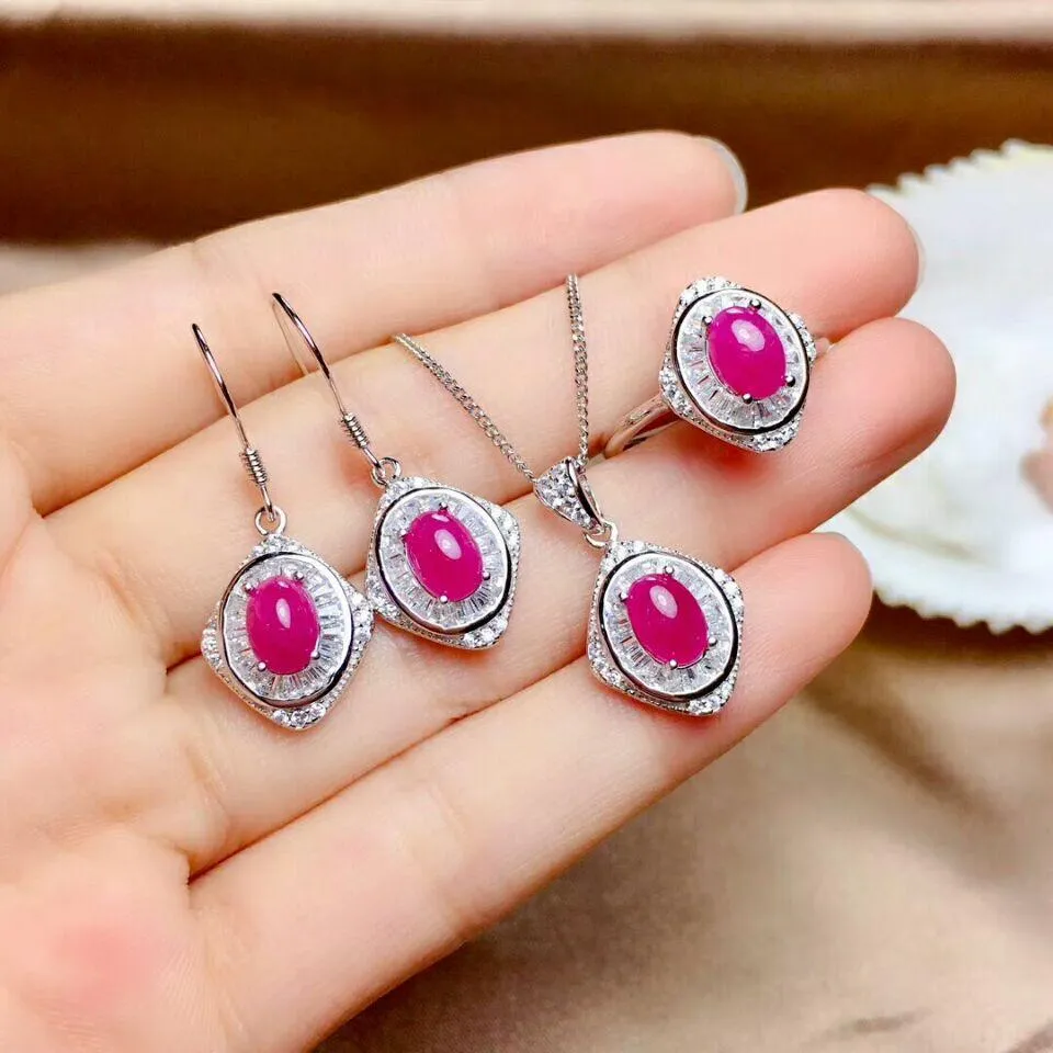 Conjuntos Meibapj Natural Plain Birmanês Ruby Gemstone Conjuntos de Jóias de Casamento 925 Brincos de Prata Anel Pingente Colar Threepiece Suite