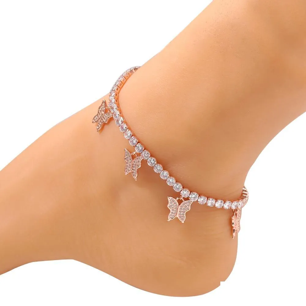 Anklets 힙합 구리 마이크로 포장 CZ 아이스 아웃 테니스 팔찌 체인 9 인치 조절 가능한 작은 나비 발목 마이애미 쿠바 린 Dhucv