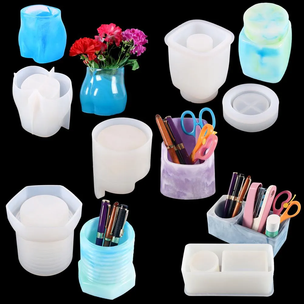 Autres porte-stylo Vase en résine de silicone, moule de fleur, cendrier, bouteille de rangement de bijoux, porte-brosse de maquillage, moules de moulage artisanaux