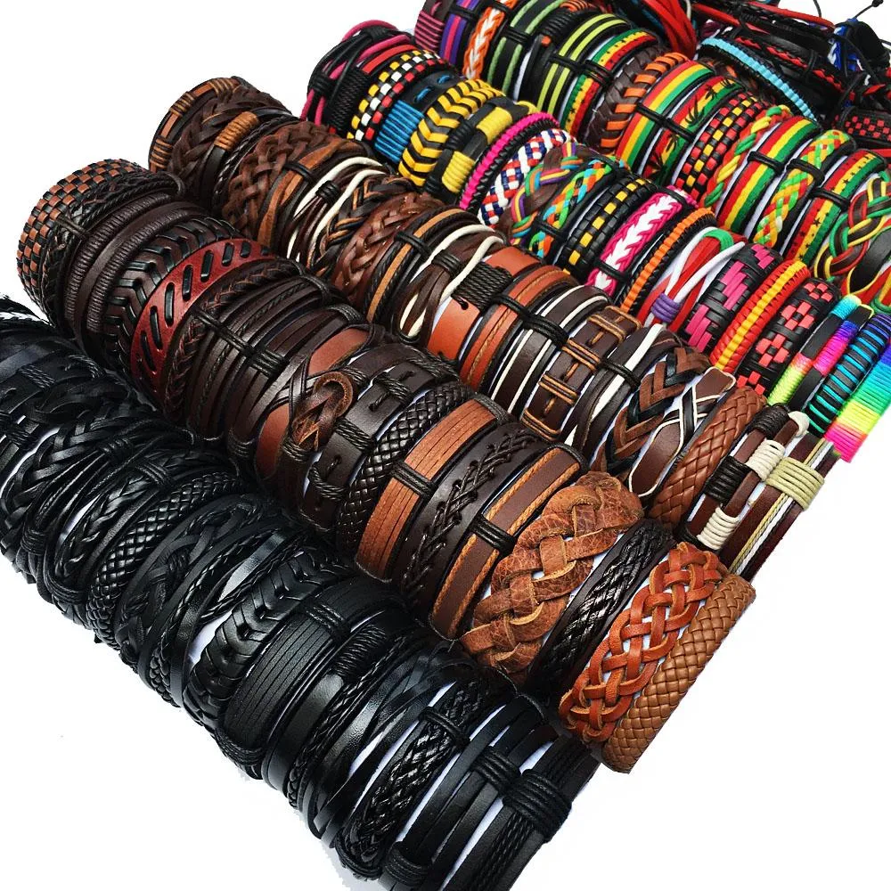 Bracelets Ramdon 50pcs / set wrap woven Fashion Fashion Homme fait bracelets masculin femmes bracelet en cuir hommes bracele