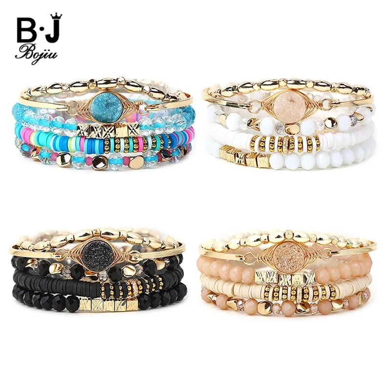 Armbanden 5 stks/set Nieuwe Mode Damesarmbanden Bangles Facet Kristal Rond Polymeer Klei Natuurlijke Druzy Steen Kralen Armband BCSET328