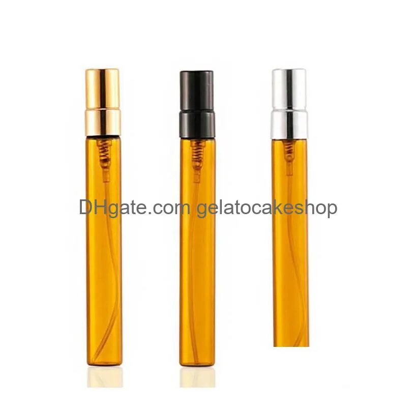 Packing Bottles 10Ml Empty Amber Glass Spray Bottle Small Atomizer Per With Sier/Gold/Black Lid Drop Delivery Office School Business Dhjfa
