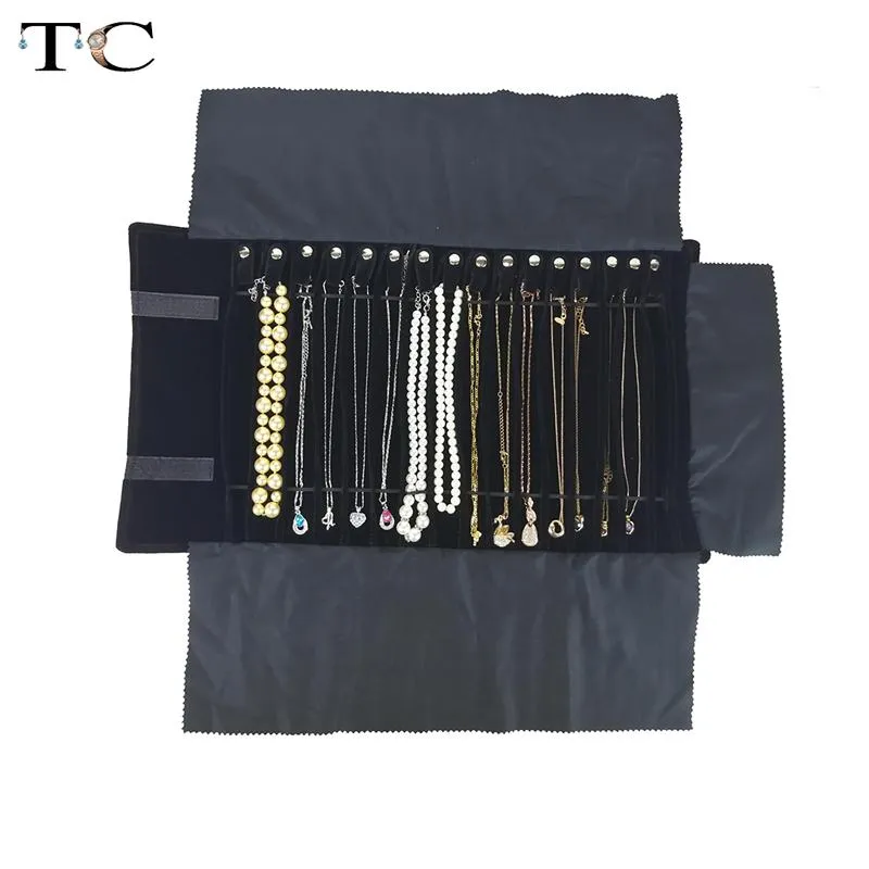 Ringar Portable Halsband Display Pouch Necklace Holder Jewelry Roll Bag Black Veet Pendant Organiser smycken förvaringsväska