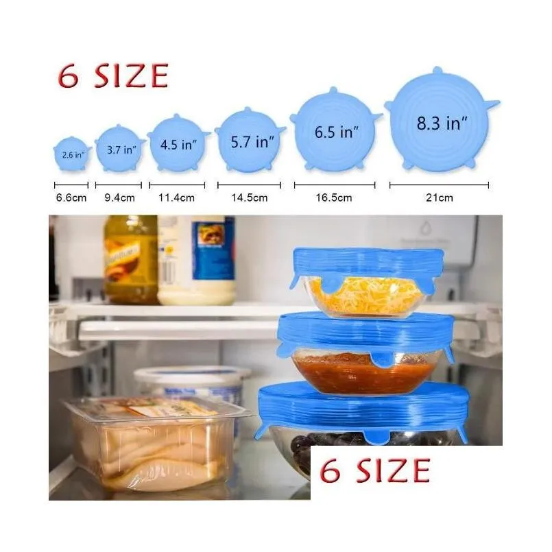 أغطية صواني الدرج 6pcs/مجموعة Sile Stretch Lids وعاء شفط قابلة لإعادة الاستخدام Kee Wrap Fresh Seal Lid Pan Er أدوات المطبخ الإكسسوارات Drop Dh5bo