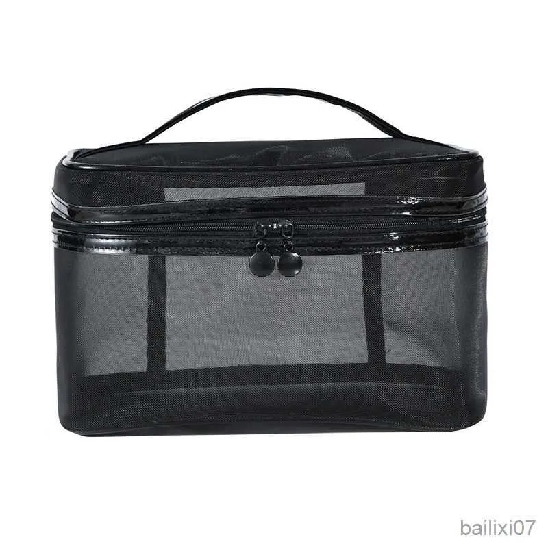 Astucci per cosmetici Custodie da donna Borsa cosmetica portatile necessaria Organizer da viaggio trasparente Moda Borsa da toilette in rete nera di grande capacità Borsa per il trucco