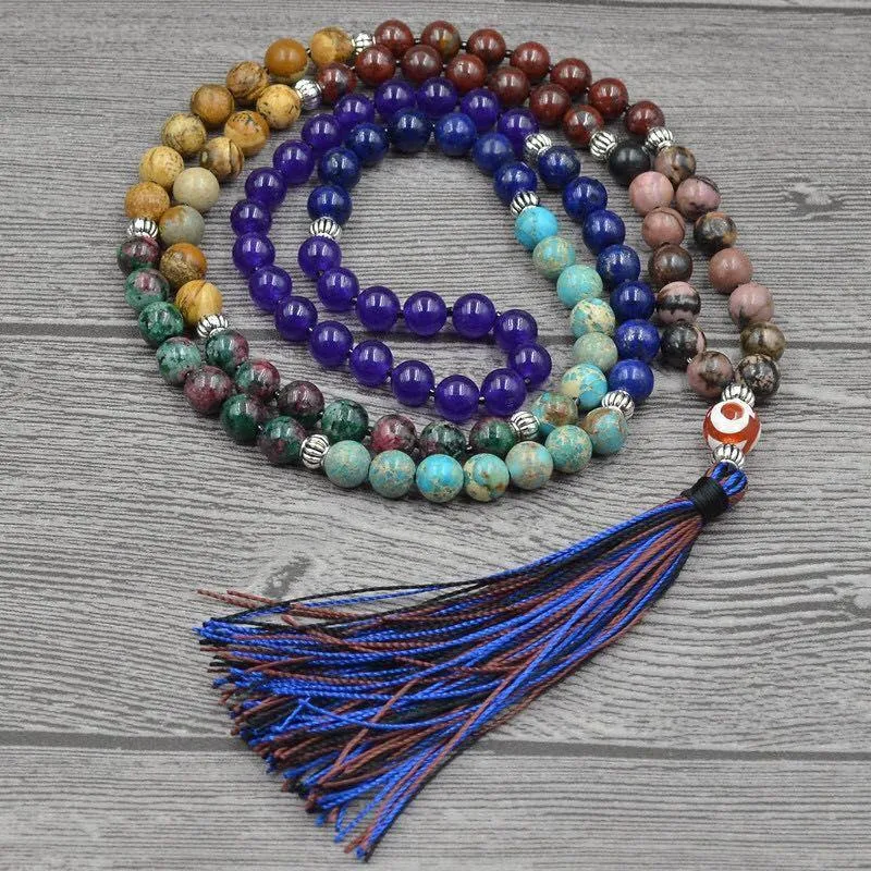 Halsband 7 chakra mala unik 8mm natursten lång tofs halsband kvinnor meditation halsband knuten pärla yoga halsband smycken