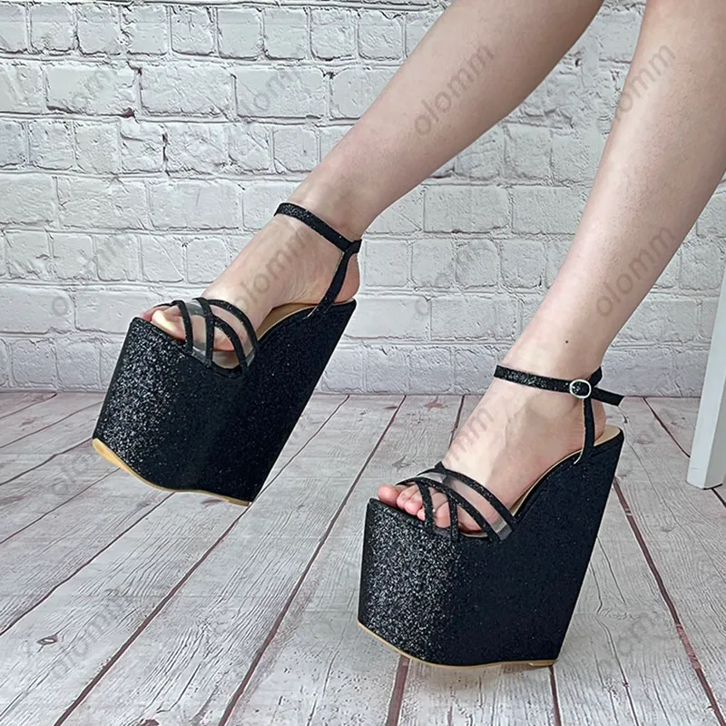 Olomm Handmased Women Platform Sandaler Glitter Ultra High Wedges Heels Open Toe Pretty Black Night Club Shoes Ladies Storlek 4-14