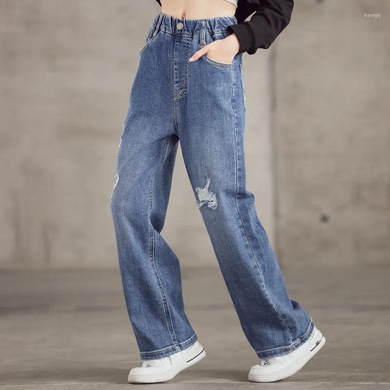 Jeans Teenage For Girls Spring Autumn Casual Fashion Ripped Blue Kids Leg Wide Pants School Children Trousers 6 8 10 12 14 Years