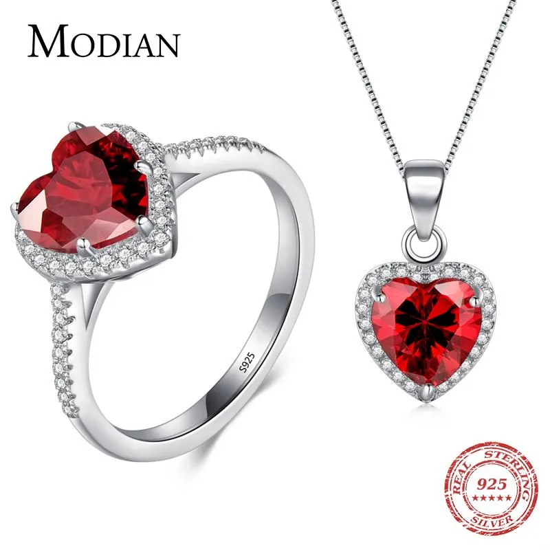 Ensembles Modian véritable solide 925 en argent Sterling coeurs ensembles bijoux bague rouge collier de mariage pendentif en cristal chaîne de mode pour les femmes