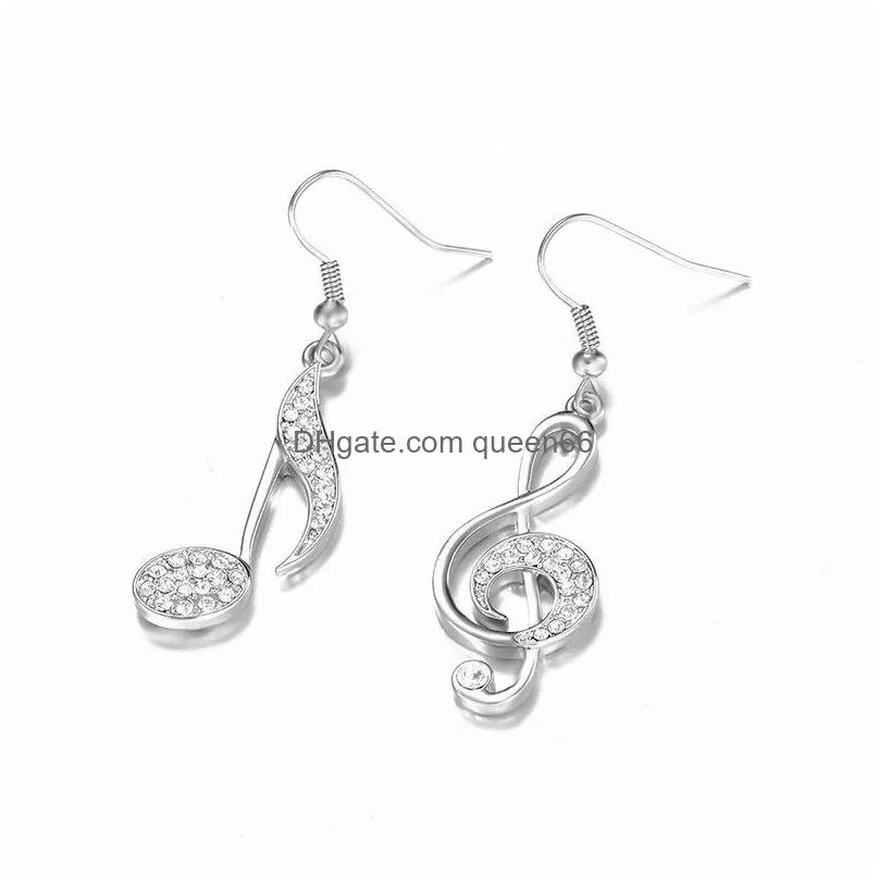 high fashion rhinestone shiny treble clef notes eighth note dangle earrings for women crystal gold silver rose gold hook earring