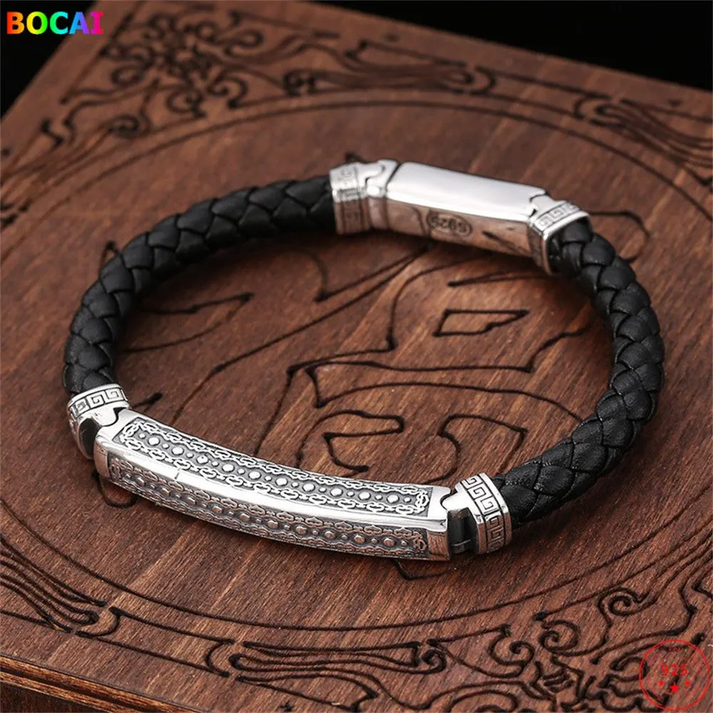 Bangle Bocai 100% S925 Sterling Silver Pulseiras para Mulheres Homens Retro Auspicioso Nuvem Totem Corrente De Couro Puro Argentum Charm Bangle