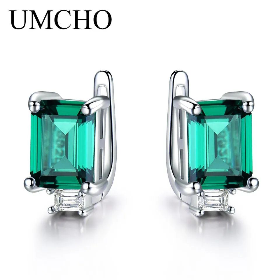 Stud Umcho Solid 925 Sterling Silver Clip Earrings For Women Luxury Emerald Green Gemstone Jewelry Princess Cut May Birthstone Gift