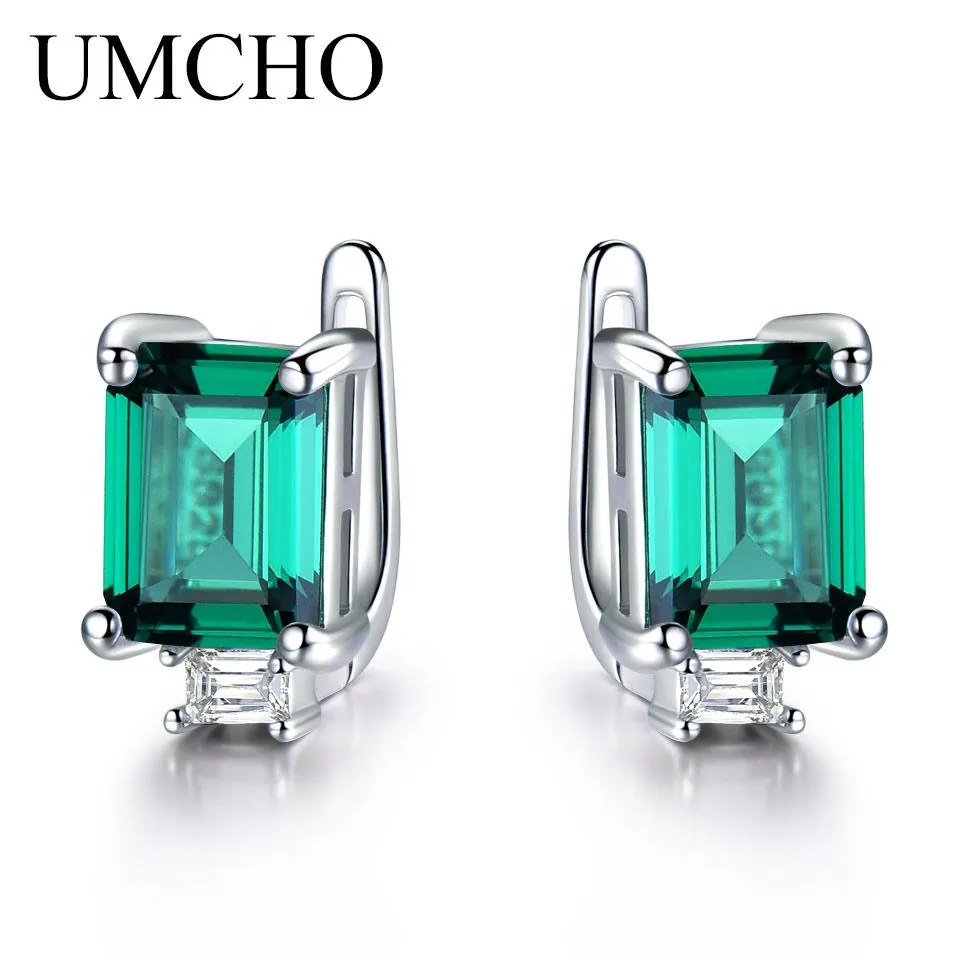 Stud UMCHO Solid 925 Sterling Silver Clip Earrings for Women Luxury Emerald Green Gemstone Jewelry Princess Cut May Birthstone Gift