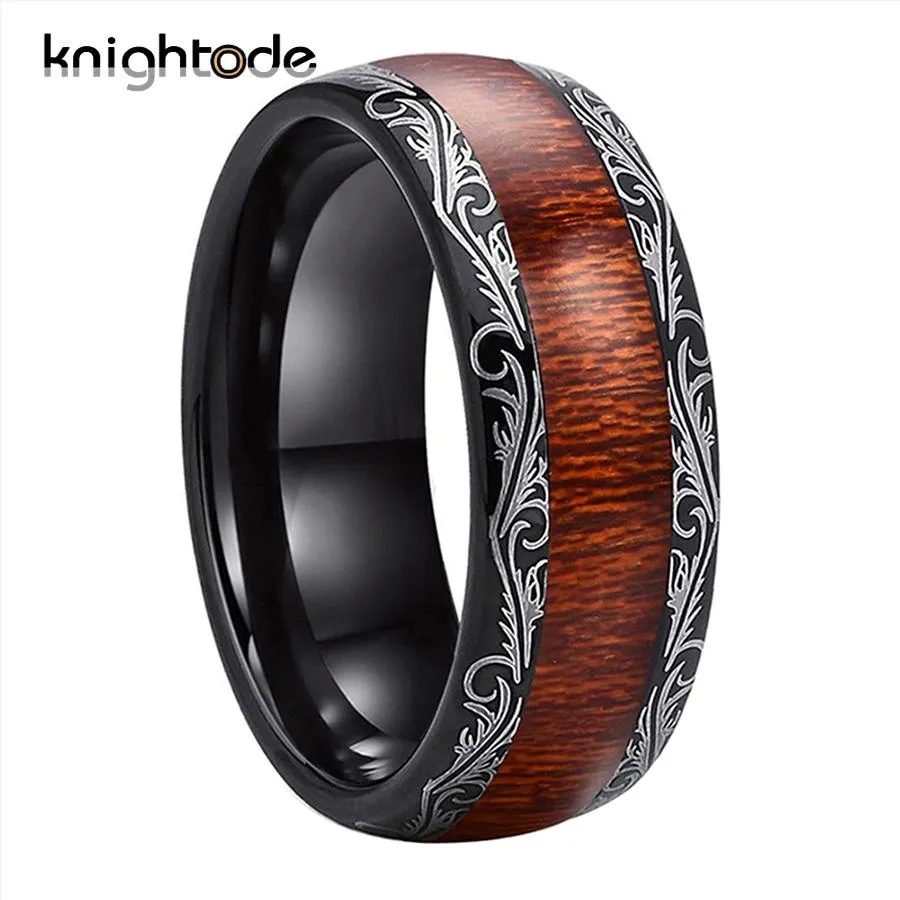 Rings 8mm Leaf Veins Black Tungsten Carbide Ring Koa And Dark Red Wood Inlay For Men Women Wedding Band Polished Dome Comfort Fit