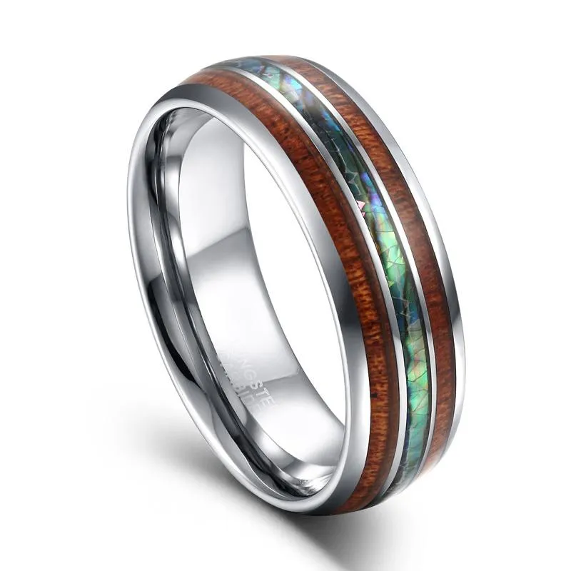 Anéis Somen 8mm de luxo de luxo colorida prateada tungstênio anel de carboneto de madeira abalone shell para homens bandas de noivado de casamento anilos hombre