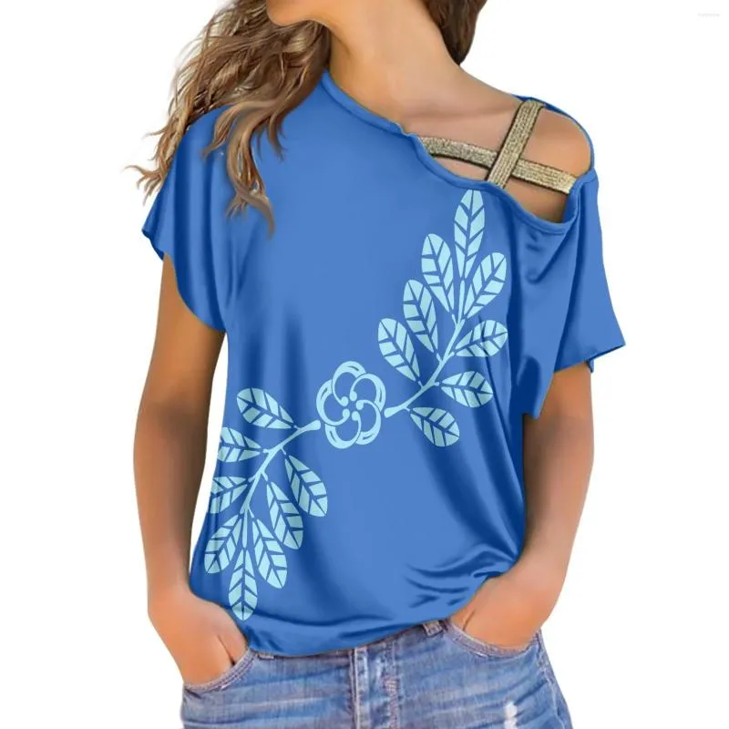 Women's T Shirts Blue Polynesia Off Shoulder Short Sleeves Clothing Women's Top Summer Palm Leaf Print Loose Pullover Blouses T-Shirt