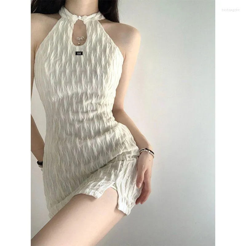 Lässige Kleider Hikigawa Chic Mode Frauen Weißer Frosch Wellenlinie Halter Minikleid Sommer Dünne Süße Y2k Streetwear Cheongsam Stil Vestidos