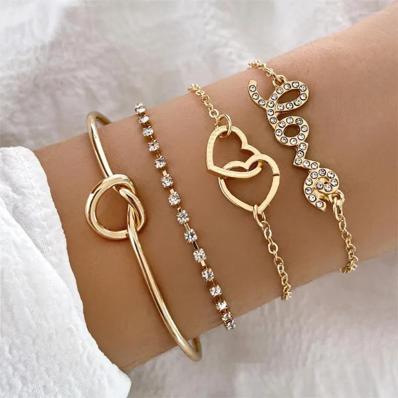 Bracelets porte-bonheur Sindlan 4 pièces Vintage coeur cristal or couleur chaînes poignet pour femmes breloques amour ouvert bracelet ensemble Boho bijoux Pulseras