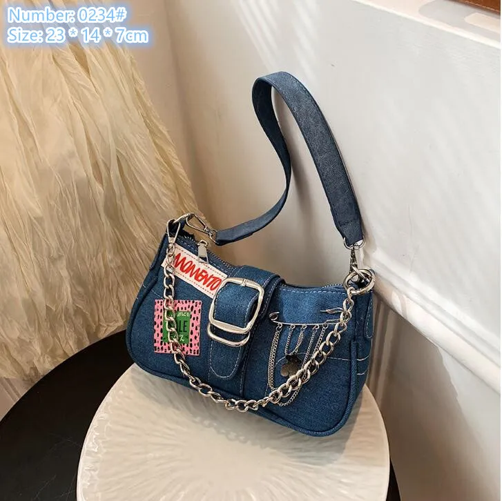 Factory wholesale ladies shoulder bags 3 colors street trend patch embroidery bag niche denim mobile phone coin purse personalized belt fashion handbag 0234#