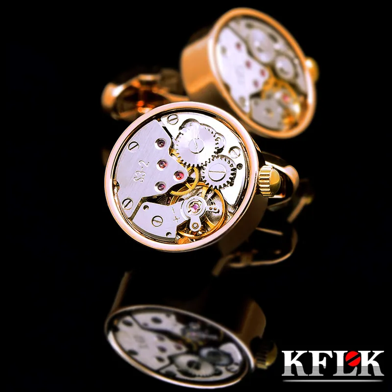 KFLK-Manschettenknöpfe für Herren, Markenuhrwerk, mechanische Manschettenknöpfe, Edelstahlknöpfe, goldfarben, hochwertige Gäste