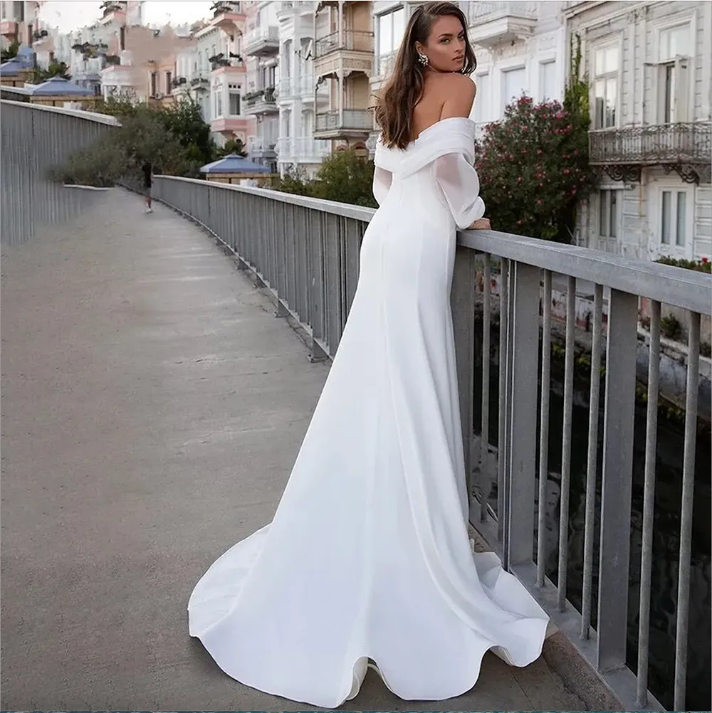 Simple Modern Satin Mermaid Wedding Dress Sexy Slit Off The Shoulder Bridal  Gown Puff Sleeve Bride