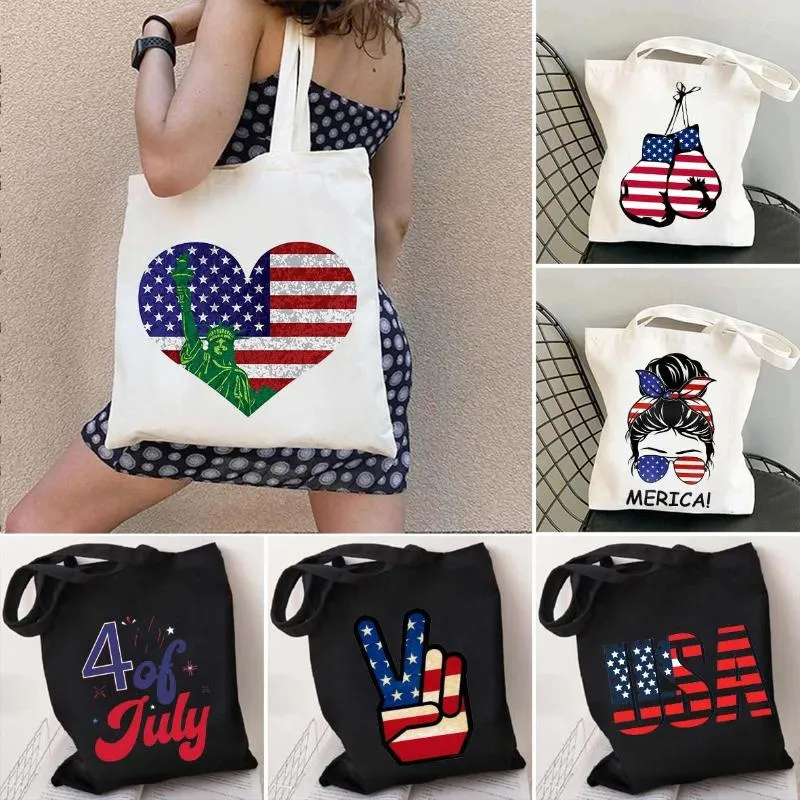 Kvällspåsar vintage fred USA American Flag America Love Heart 4 juli Patriotiska kvinnor shopping handväska axel shoppare duk tote