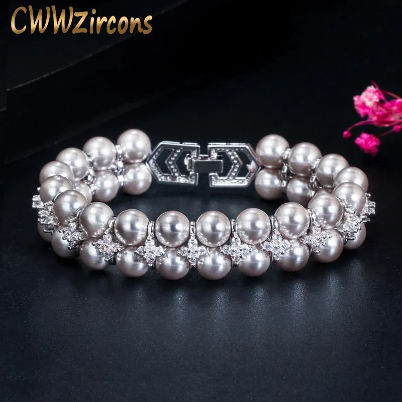 Bracelet cwwzircons couleurs argentées de mode élégante grandes bracelets en perles gris larges avec zircone cubique femme de mariage bijoux de mariage CB201