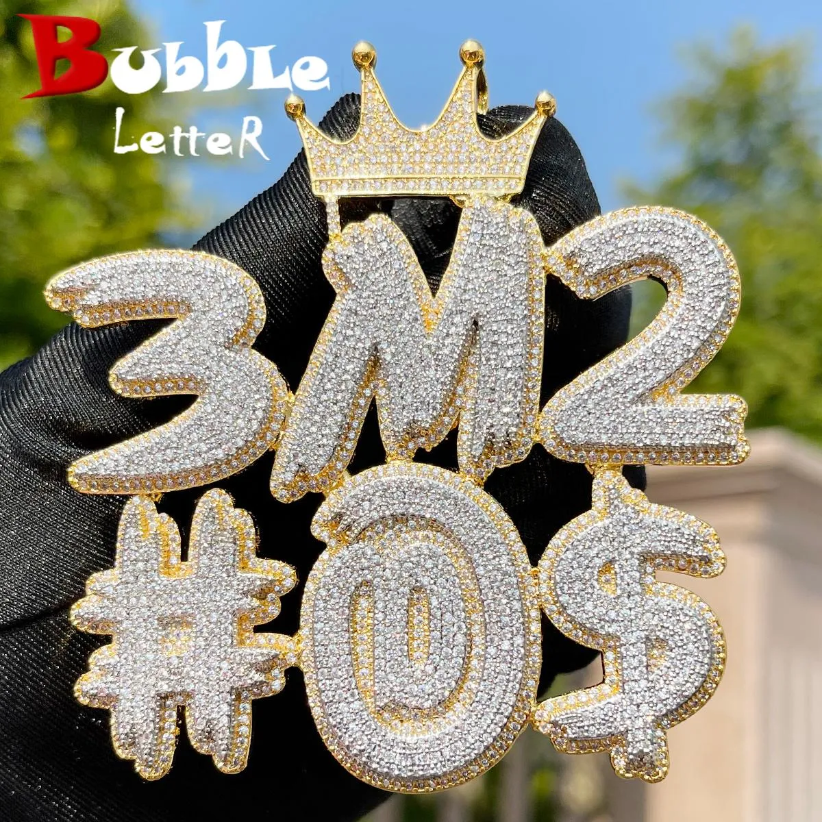 Kettingen Bubble Letter Iced Out Prong Setting Gepersonaliseerde Hanger Aangepaste Naam Ketting voor Mannen Kroon Borgtocht Echte Koperen Hip Hop Sieraden