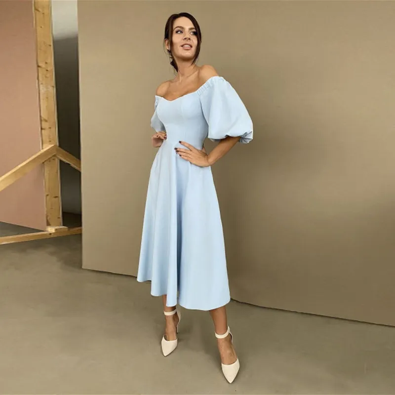 Abiti casual di base Churses Sexy Slash Neck Backless Midi Dress Autunno Elegante Puff Mezza manica ALine Abiti da festa lunghi per le donne 230520