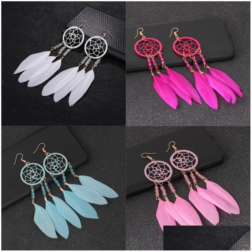 Pendurado Lustre Moda Brincos Caçadores De Sonhos Para Mulheres Caçador De Sonhos Boêmio Feather Borla Feito à Mão Joias Longas para Festas Dr Dhvzx