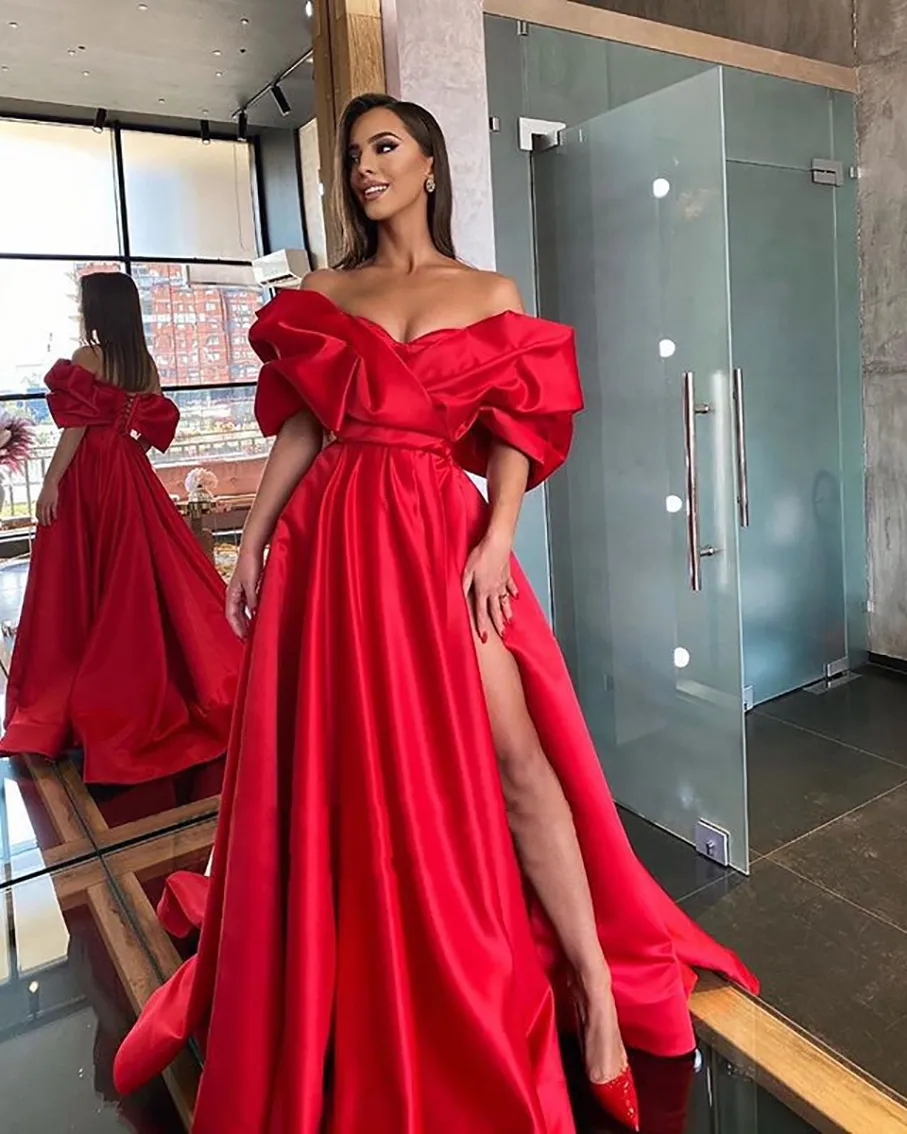 Gorgeous Long Satin Evening Dress Red For Bride With Sleeves Off the Shoulder 2023 Party Sexy Prom Gowns With Side Slit