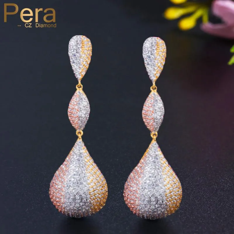 Knot Pera 65mm Luxury 3 Tone Gold Color Micro Full CZ Pave Long Water Drop Dangle Earrings For Women Wedding Party Dress Smycken E598