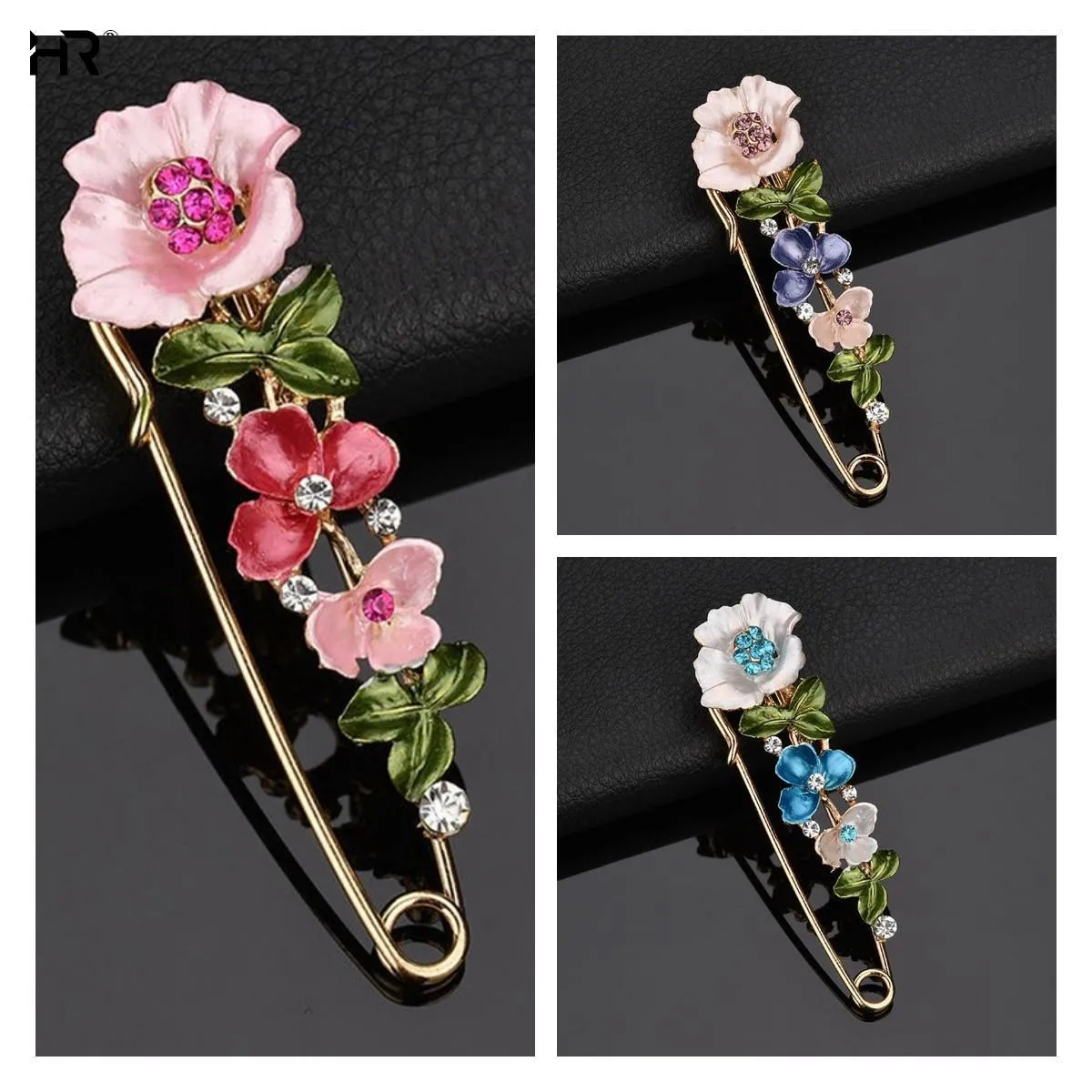 3 färger blomma emalj brosch elegant stift strass smycken kvinnor kofta halsduk klädkläder enkla lapel stift tillbehör