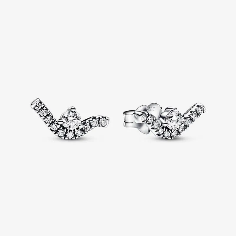 Crystal diamond Wave Stud Earrings for Pandora 925 Sterling Silver Party Earring Set designer Jewelry For Women Girlfriend Gift Wedding earring with Original Box