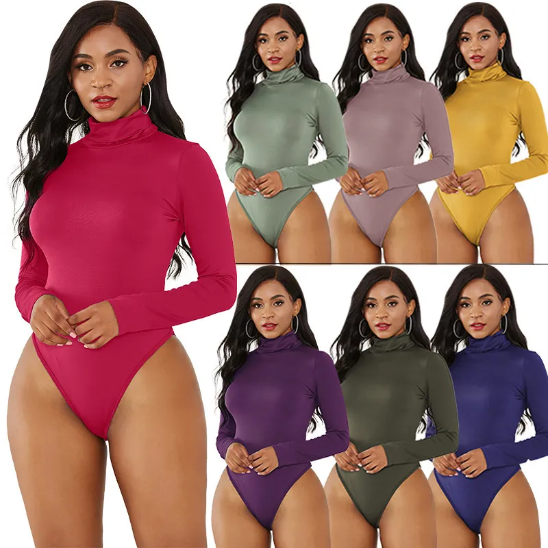 Kvinnor Jumpsuits Rompers 10Color Long Sleeve High Neck Women Fit Allinone Pants Autumn Solid Skinny Vintage Turtleneck bodysuit 230520