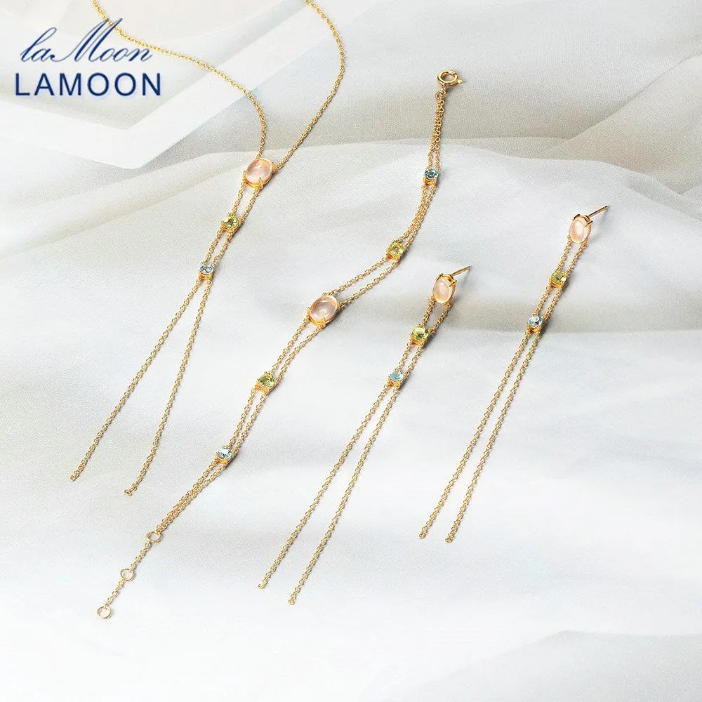 Uppsättningar lamon 925 Silver Tassel Sexiga smycken Set för kvinnor Natural Rose Quartz Topaz Olivine 14K Gold Plated Wedding Party Jewelry V066