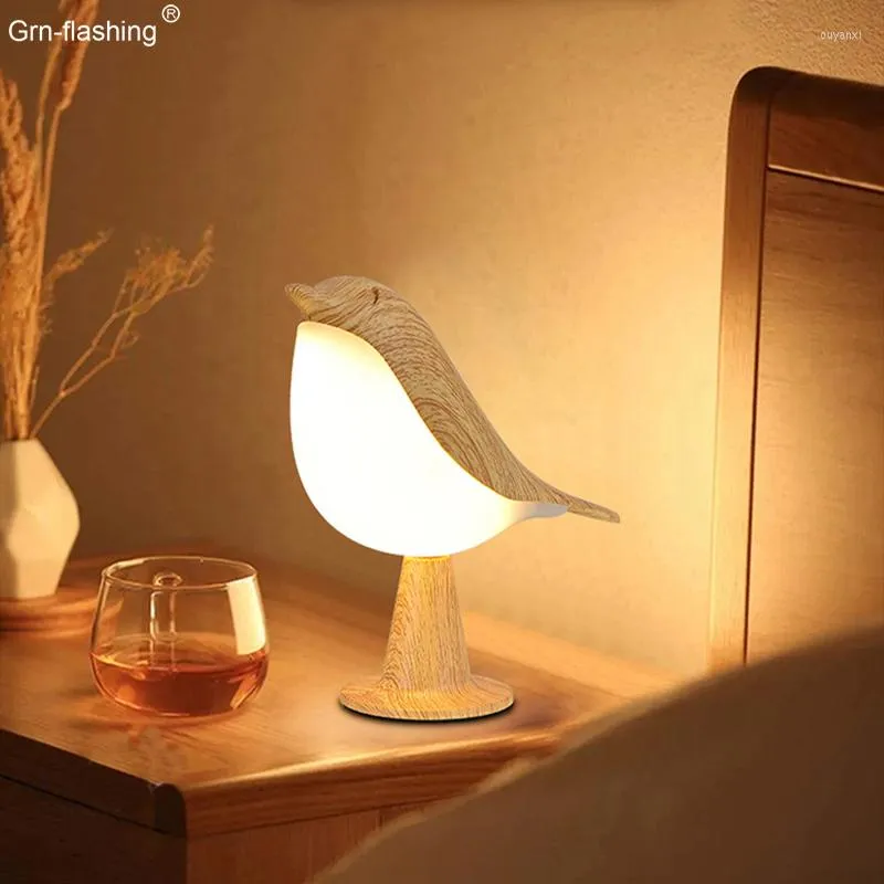 Lampy stołowe 3 kolory lampa nocna kreatywna zmiana dotyk drewniane ptaki nocne lampy