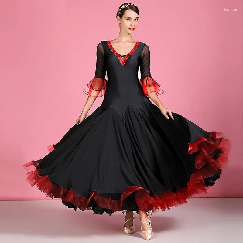 Abbigliamento da palcoscenico Nero e rosso Retro manica svasata Abito da ballo da sala Abiti da ballo standard Valzer viennese Costumi Foxtrot Abito da ballo