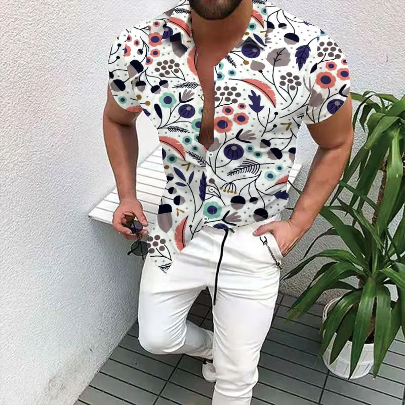 Hawaiian Print Pattern Shirts for Men Short Sleeve Regular Fit Mens Floral Shirts 3XL Hawaiana Hombres Blusa Camisa